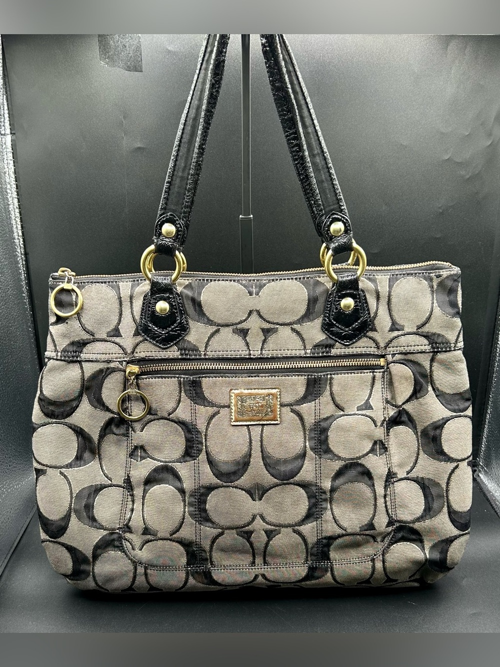VINTAGE COACH Poppy Glam Signature Tote Shoulder Bag in Black & Gray Canvas.